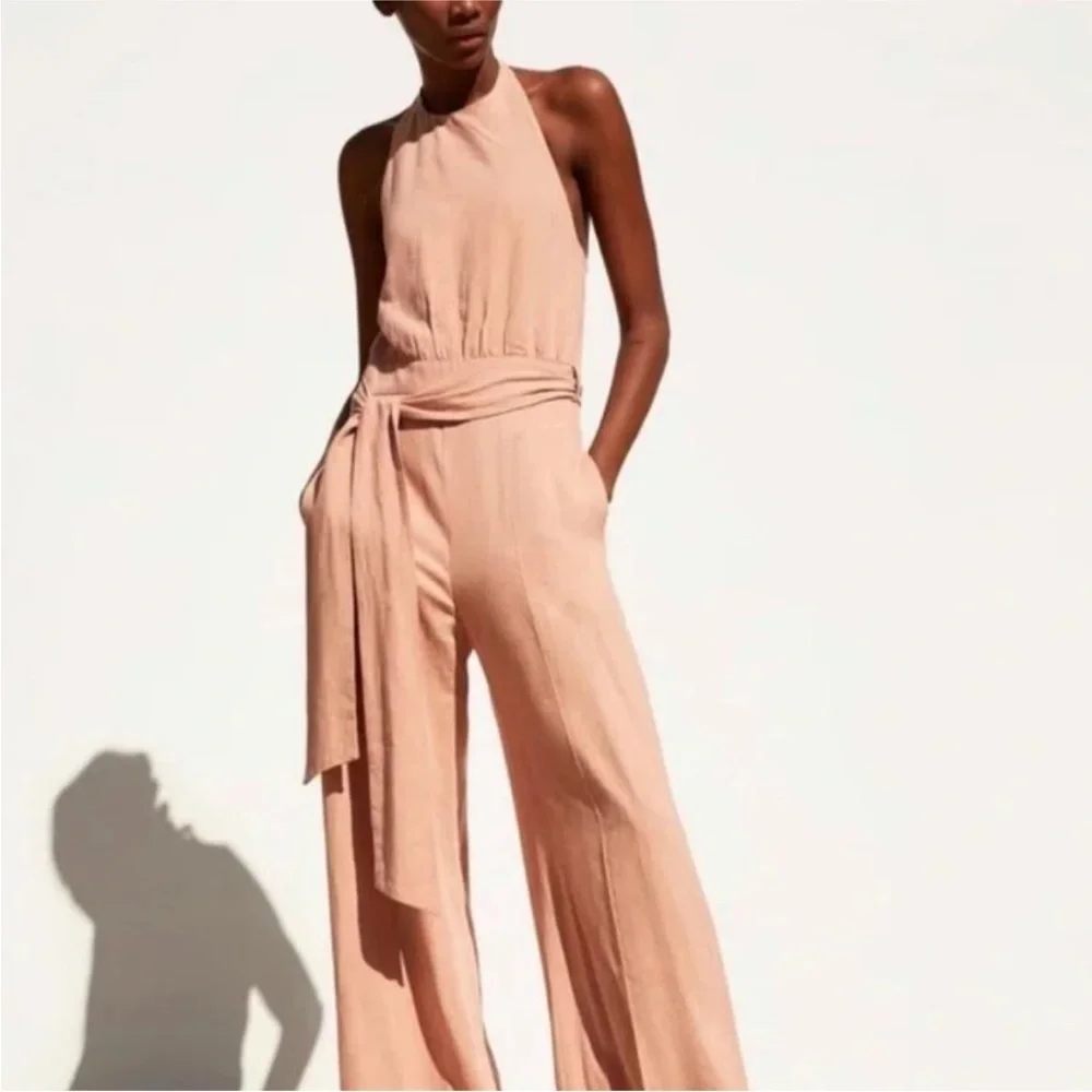 NWT Zara Mauve Viscose Linen Blend Wide Leg Sleeveless Halter Jumpsuit Pockets L